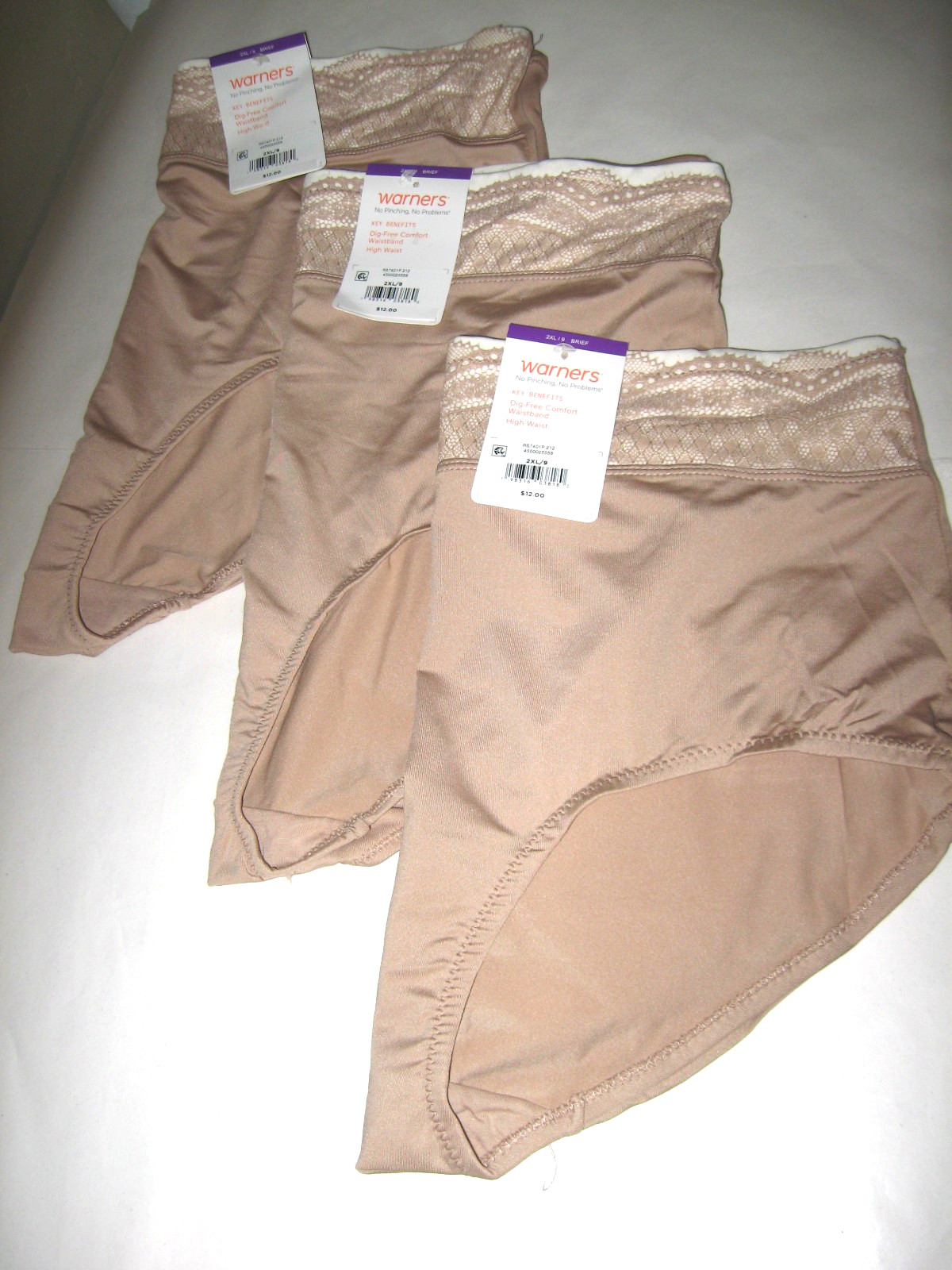 3 Pr. Warner’s No Pinching~No Problems Lace Trim Brief Panties Sz. 9 (2XL) NWT