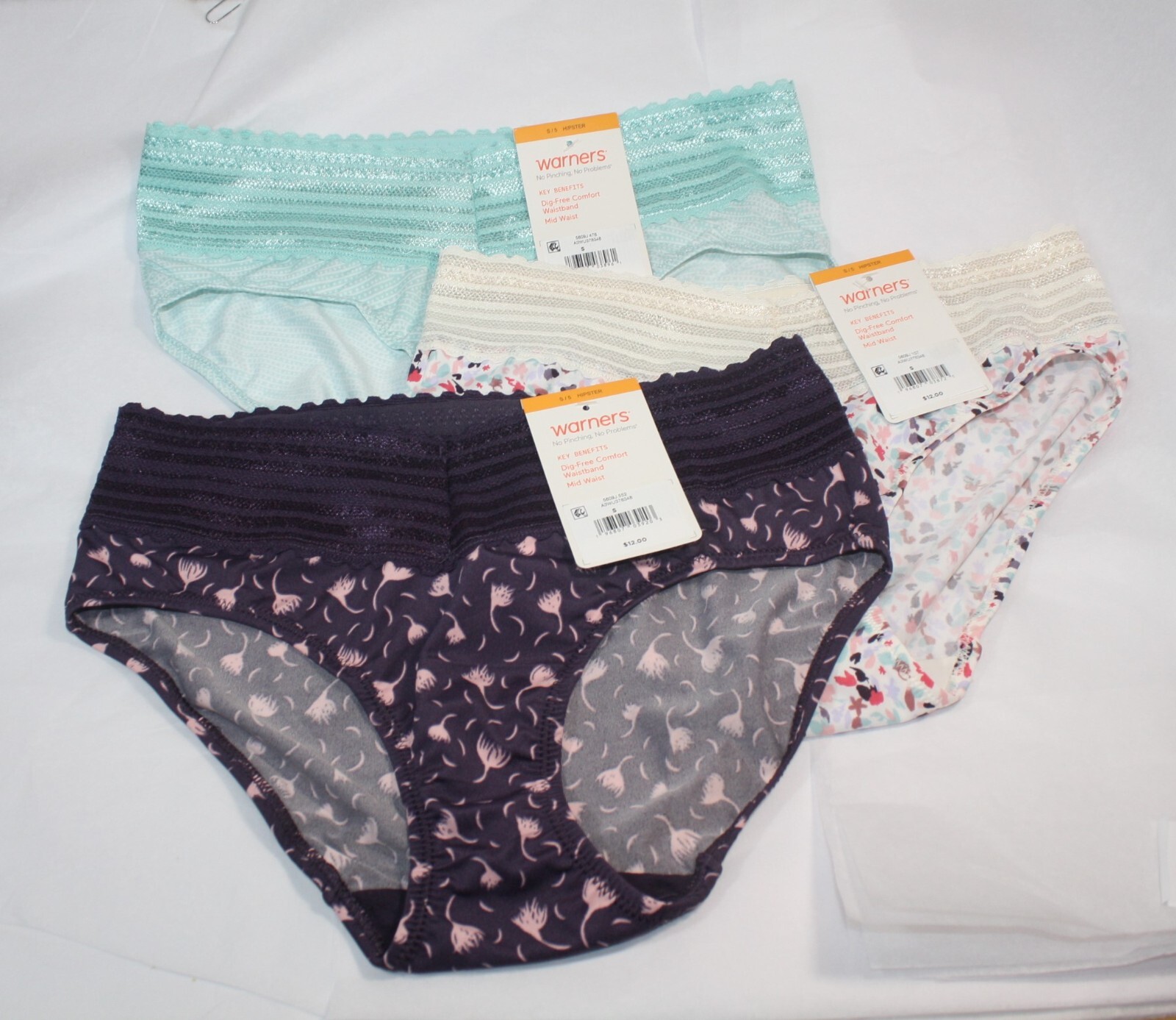 New set of 3 WARNER’S no muffin top HIPSTER panties PURPLE FLORAL GREEN IVORY