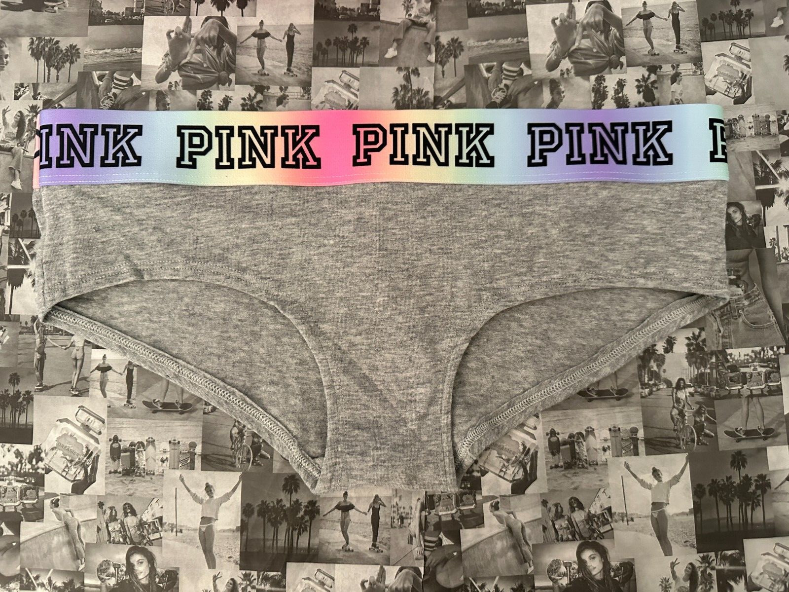 NWT Victoria’s Secret Pink waistband Block logo Hipster panty Heather Charcoal S