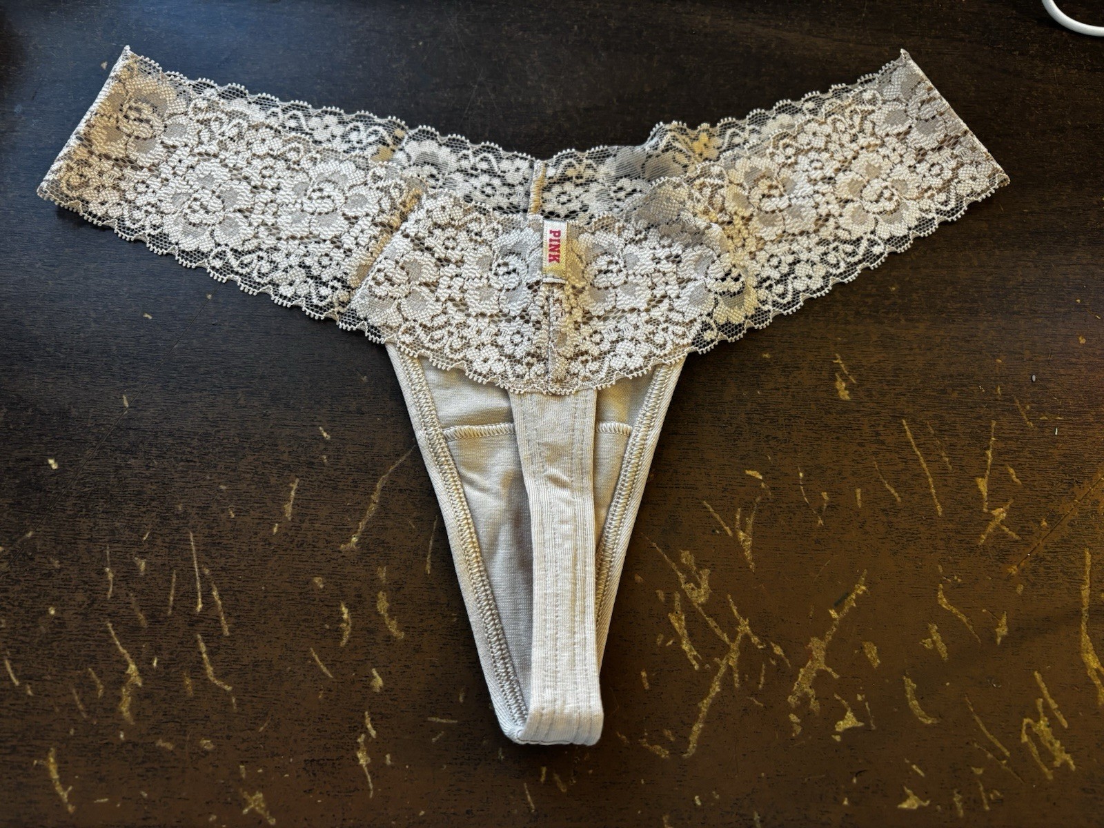 Victoria’s Secret Nude/Buff Extra Low Rise Lace Band Thong Medium NWT