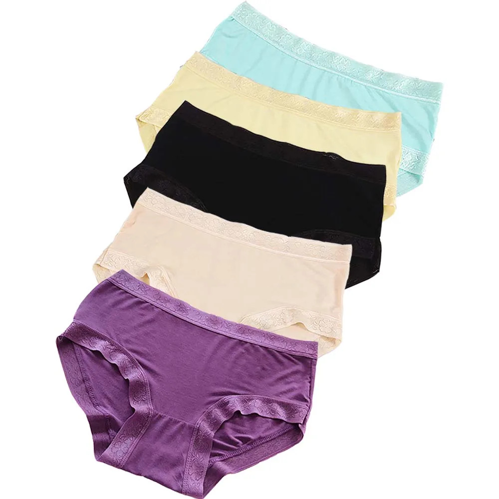 Cotton Lace Panties Low Rise Solid Breathable Soft Women’s Underwear 5 Pcs