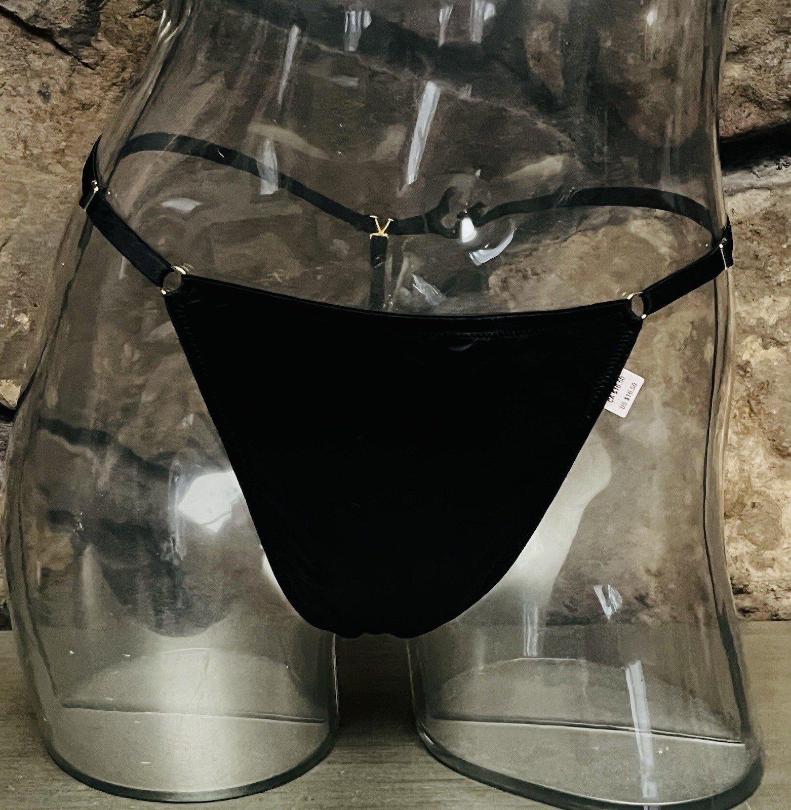 Victoria’s Secret Satin V-STRING THONG Panty Sz XL BLACK Adjustable Waist NWT