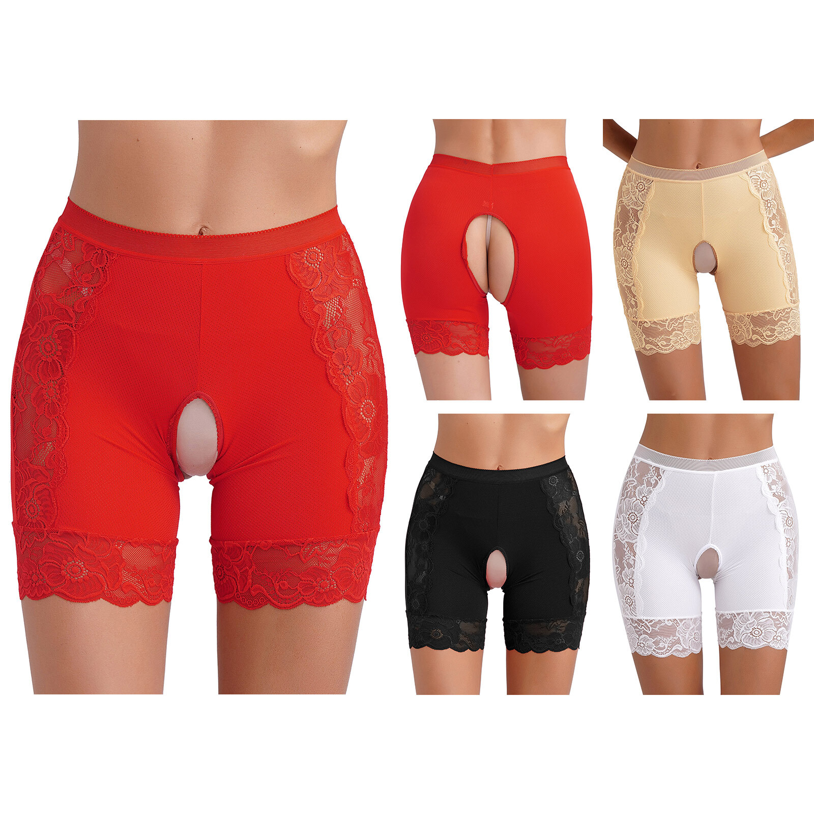 US Women’s High Waist Open Crotch Boyshorts Panties Lace Patchwork Safety Shorts