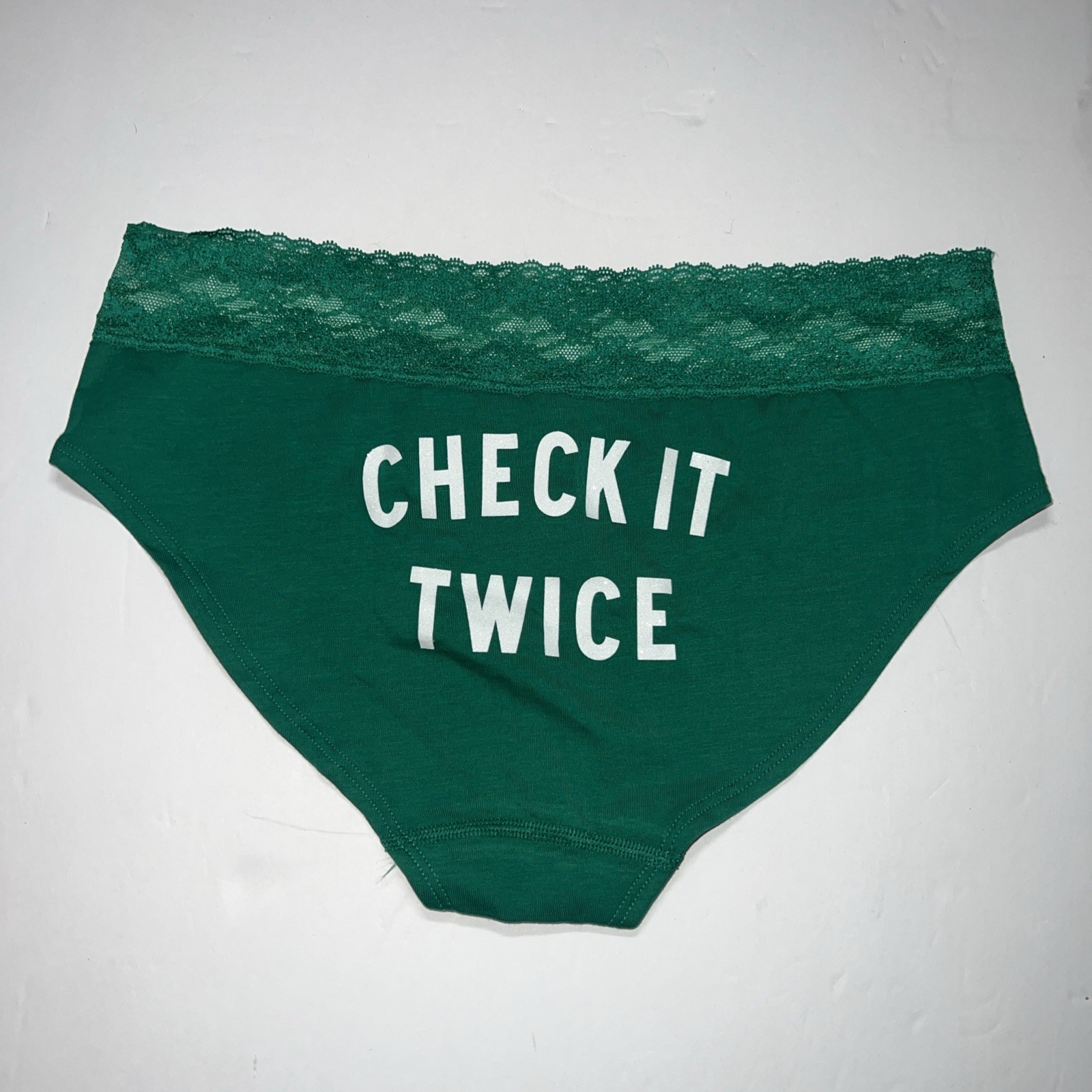 VICTORIA’S SECRET LARGE GREEN CHECK IT TWICE LACE RARE HIPHUGGER PANTIES