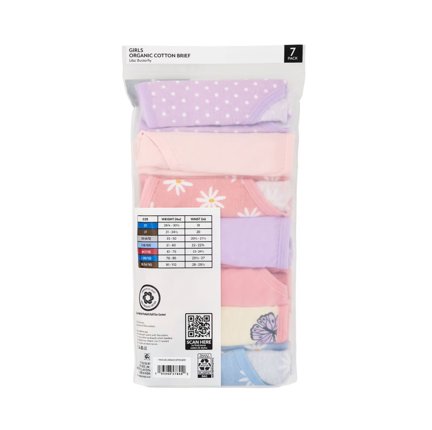 Member’s Mark Girls 7-Pack Organic Cotton Briefs Lilac Butterfly Print Size 4-16