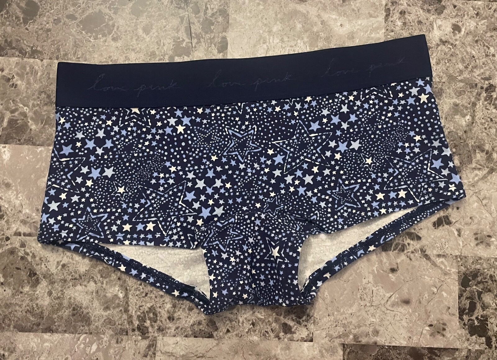 NWT VICTORIA’S SECRET PINK NAVY BLUE STARS LOGO THICK WAISTBAND BOYSHORT PANTIES