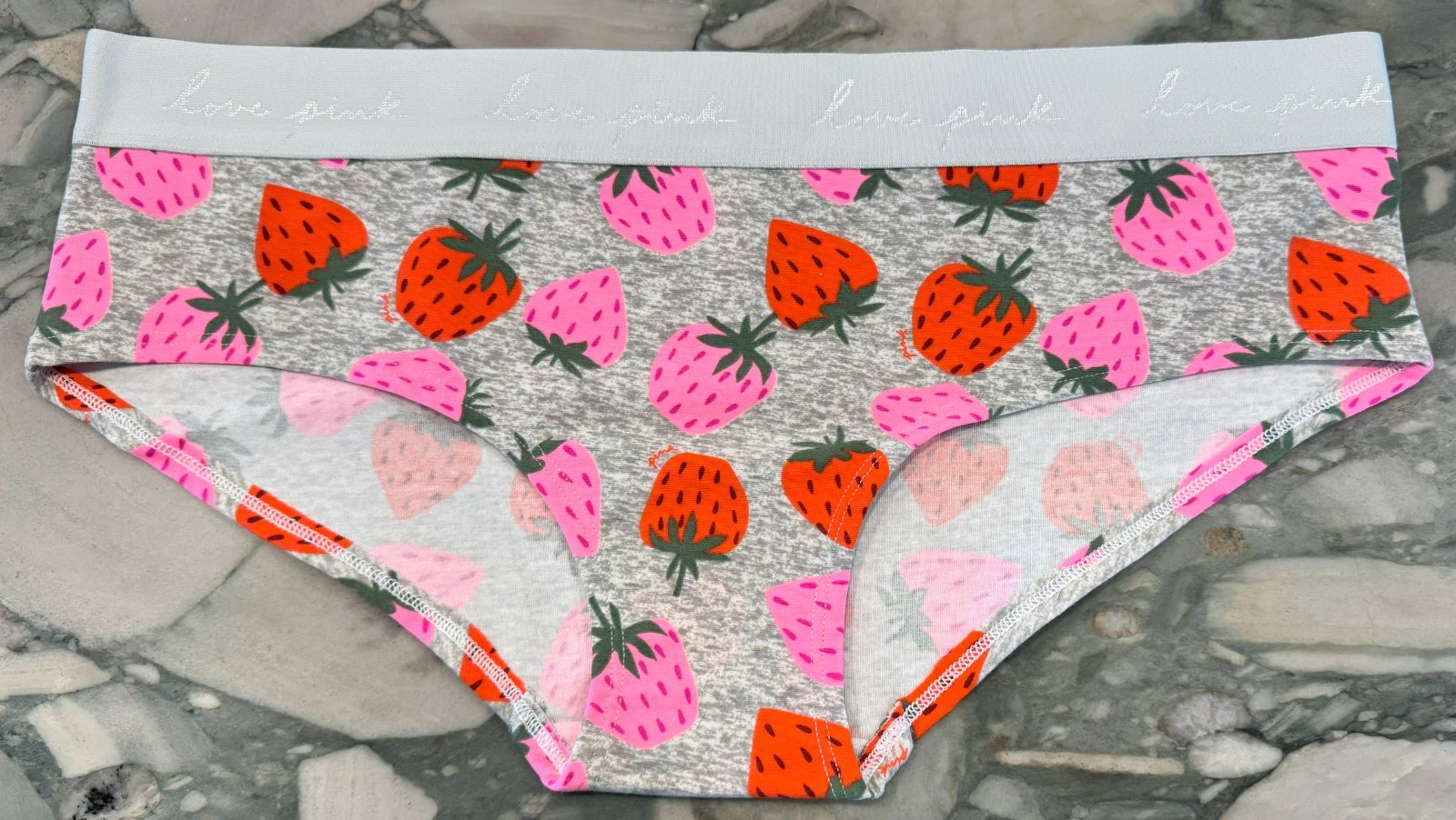 NEW Victoria Secret PINK Cotton Logo Hipster Panty – Gray Strawberries – XL