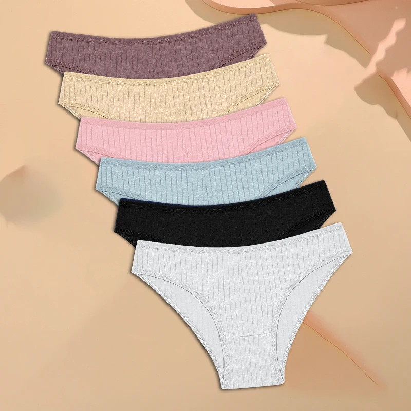 6PCS/SET Women’s Cotton Panties Sexy Soft Striped Underpants Solid Color