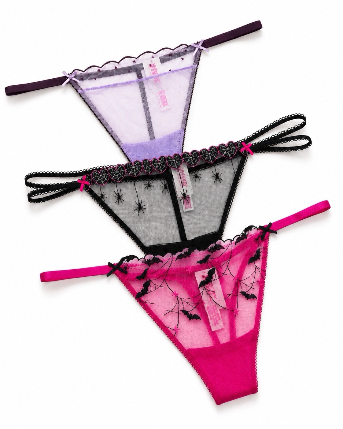 VS PINK Halloween Thong Panties Lot 3 Sheer Mesh Bats Spiders Victoria Secret XL