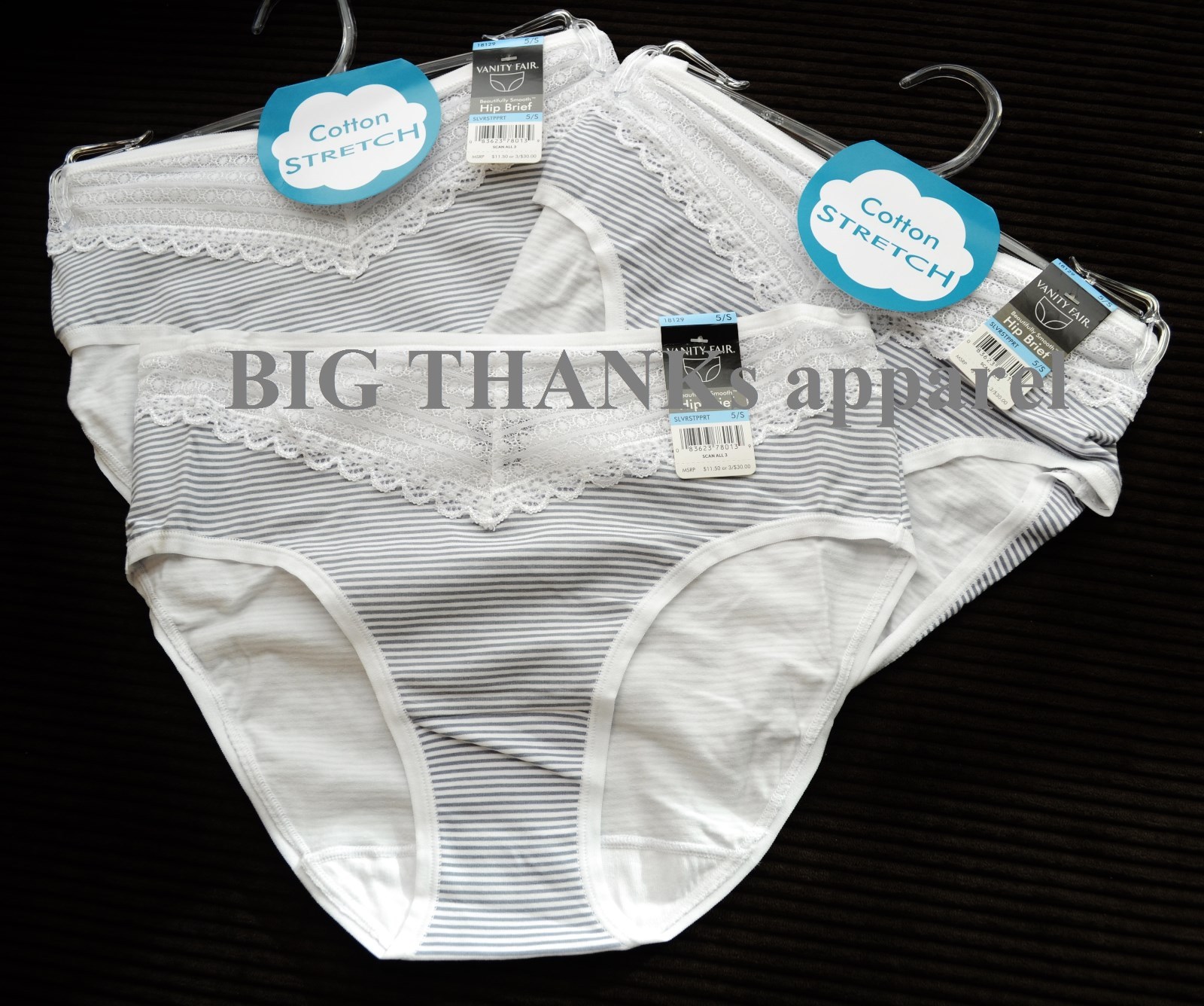 Set of 3 Vanity Fair 18129 Lace Trim Strip print Hip Brief cotton spandex Panty