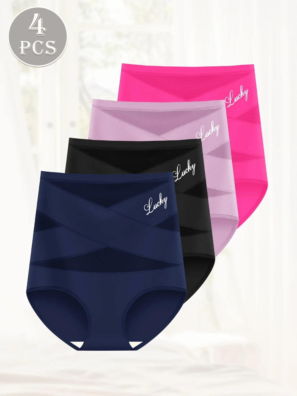 4pcs Women High Waist Mesh Print Briefs Breathable Stretchy Panties Lingerie