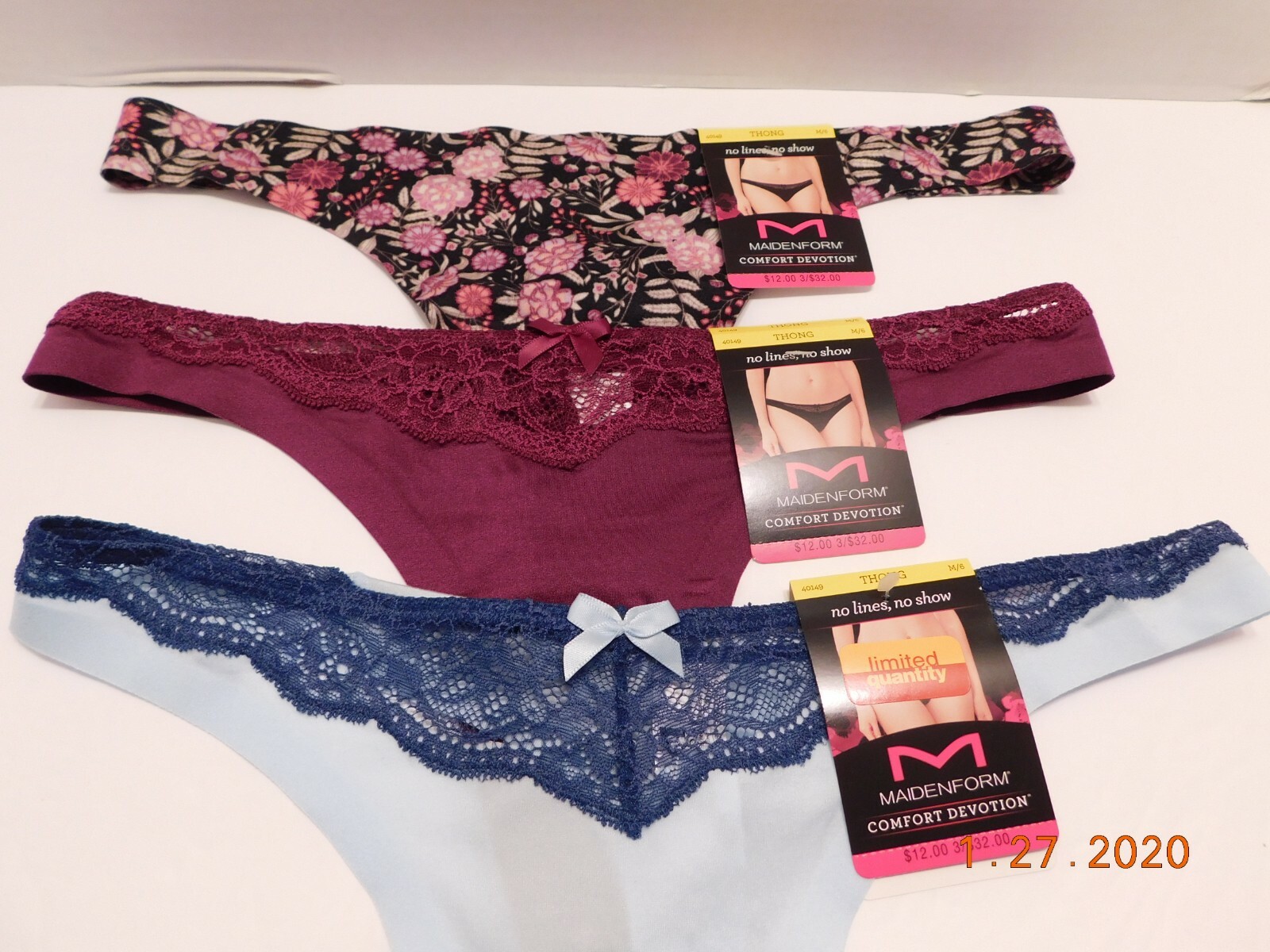 NEW Maidenform 3 Pairs Comfort Devotion Thong Panty, Size M/6 Mixed Lot 40149