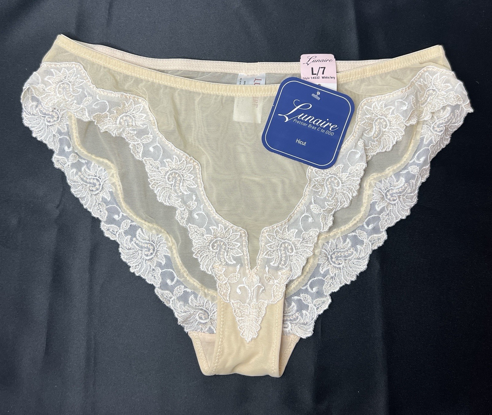 Lunaire Embroidered White/Ivory Sheer Hicut Brief Panty Style 14032 Large/7 NWT