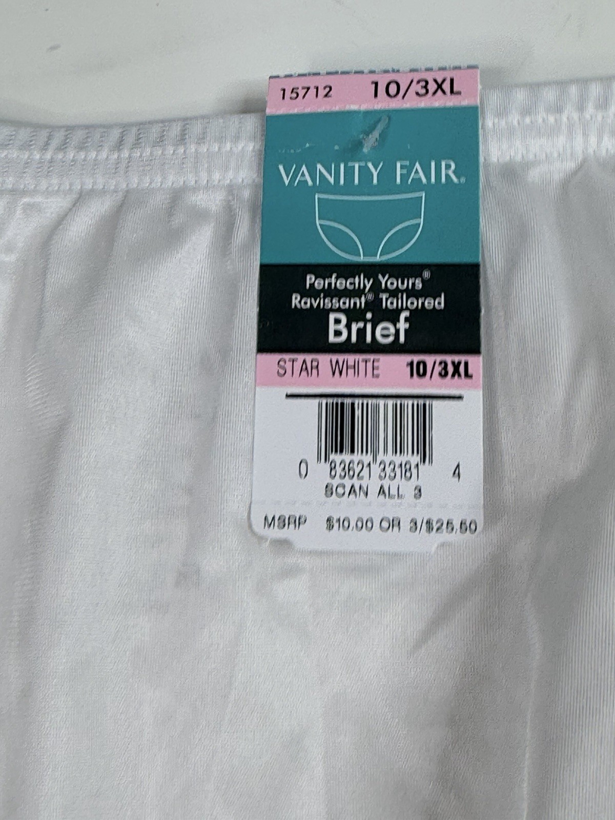 Vanity Fair nylon Cotton Briefs Size 10 3XL White NEW 16345 15712
