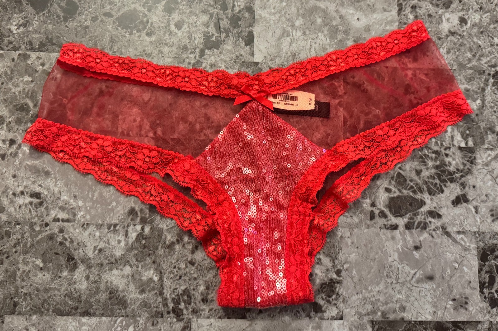 NWT VICTORIA’S SECRET MEDIUM RED CLEAR SEQUIN MESH LACE BOW RARE CHEEKY PANTIES