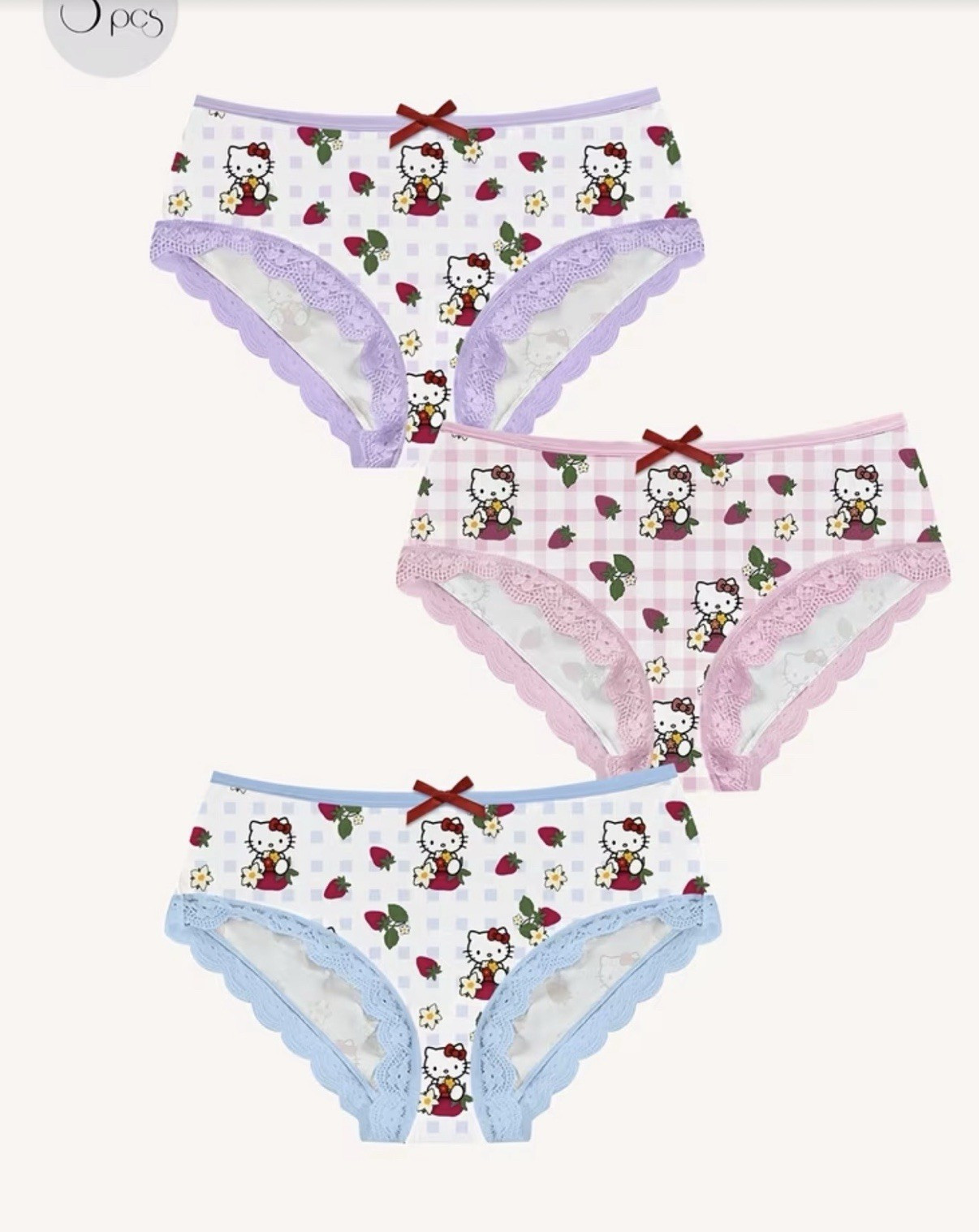 Women’s Teens Hello Kitty Strawberry Kawaii Pink Purple Blue Brief Panties 3pk M