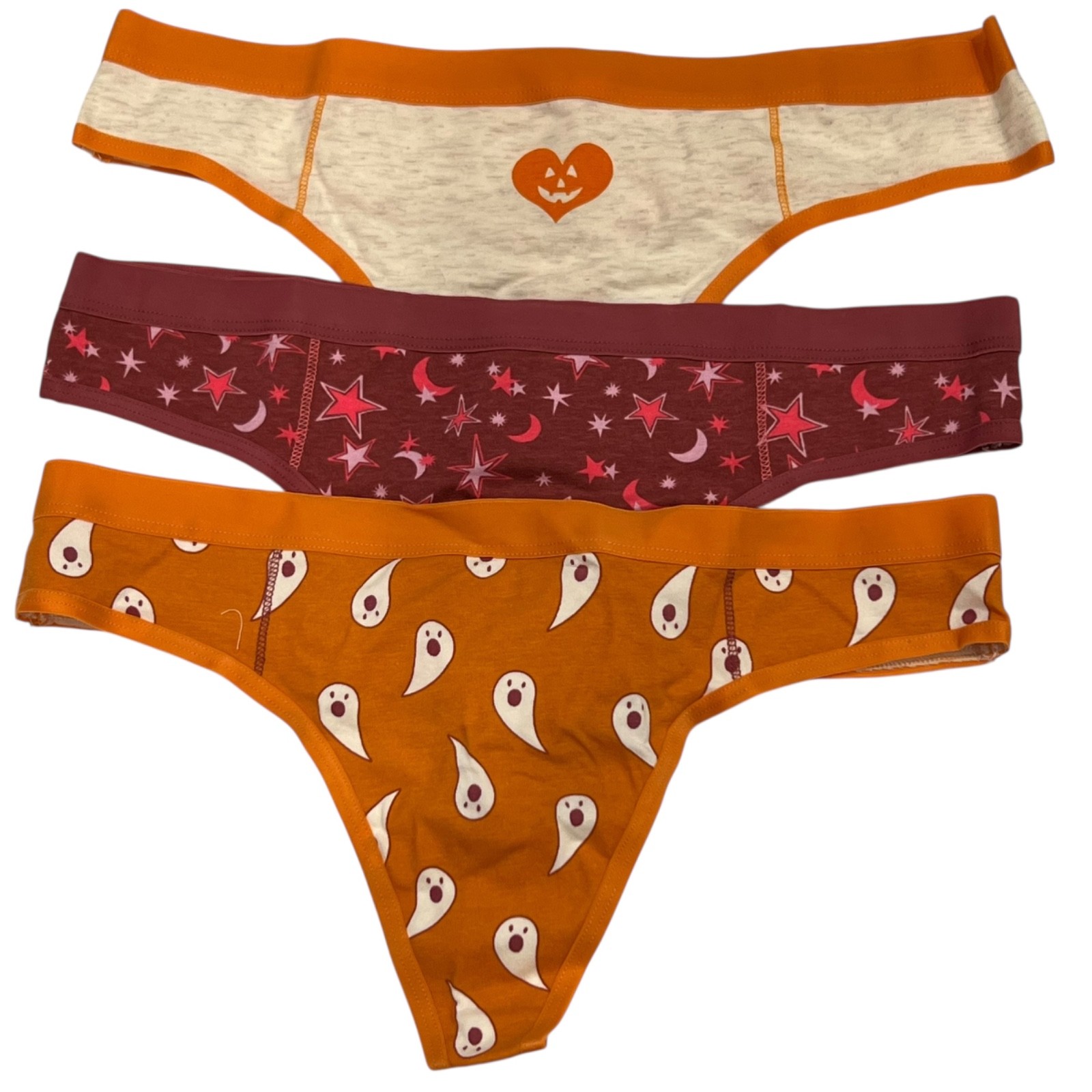 NWT AERIE 3 pack Thong Sz M-L Orange Red Ghosts Stars Moons Cotton Jersey