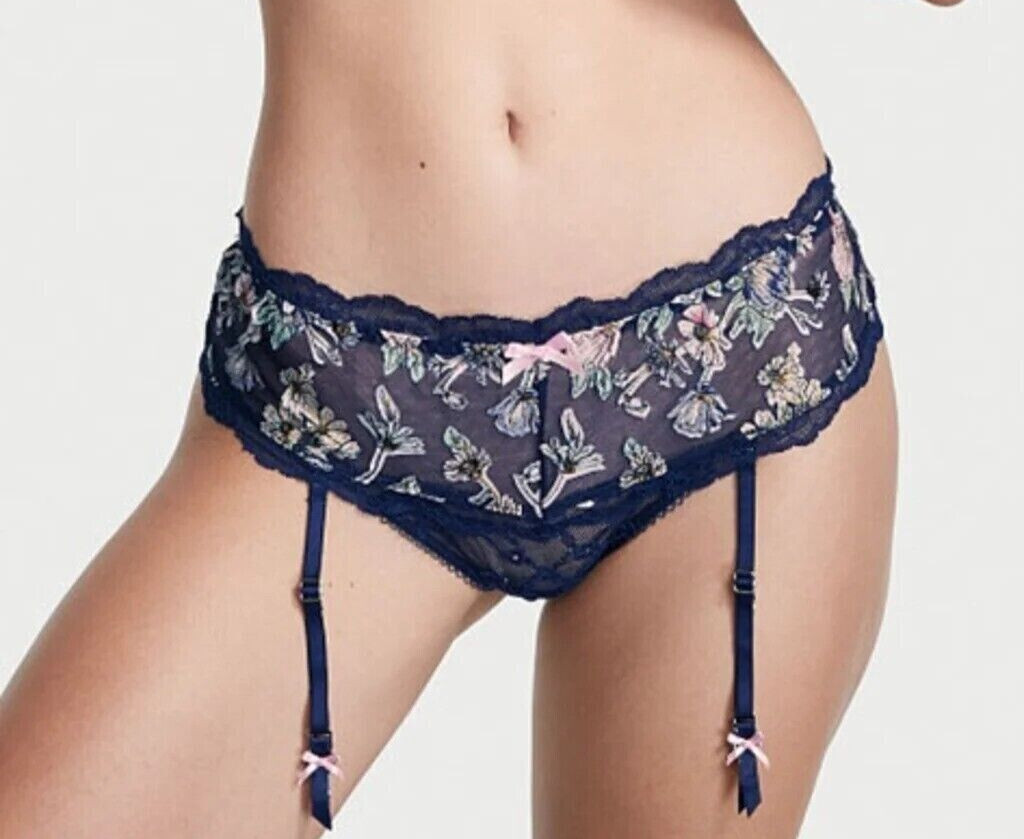 NWT Victoria’s Secret DREAM ANGELS Navy Floral Thong Garter Belt Panty M