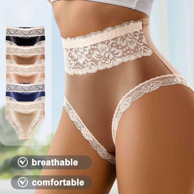 3 Pack High Waist Lace Shiny Panties – Tummy Control Butt Lift Breathable Bikini