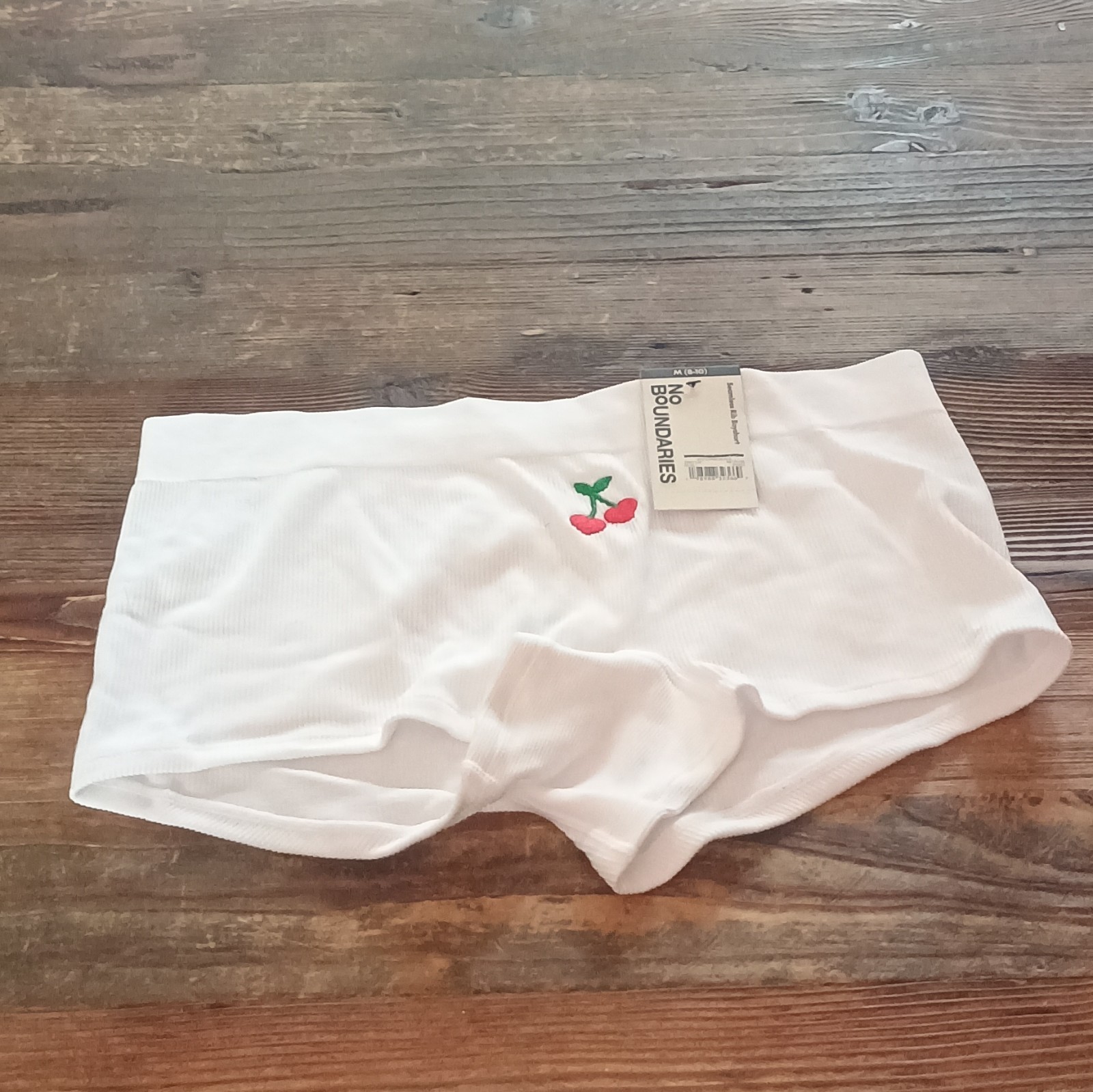 No Boundaries Seamless Rib Boyshort Panties M White Cherry Embroidered Stretch