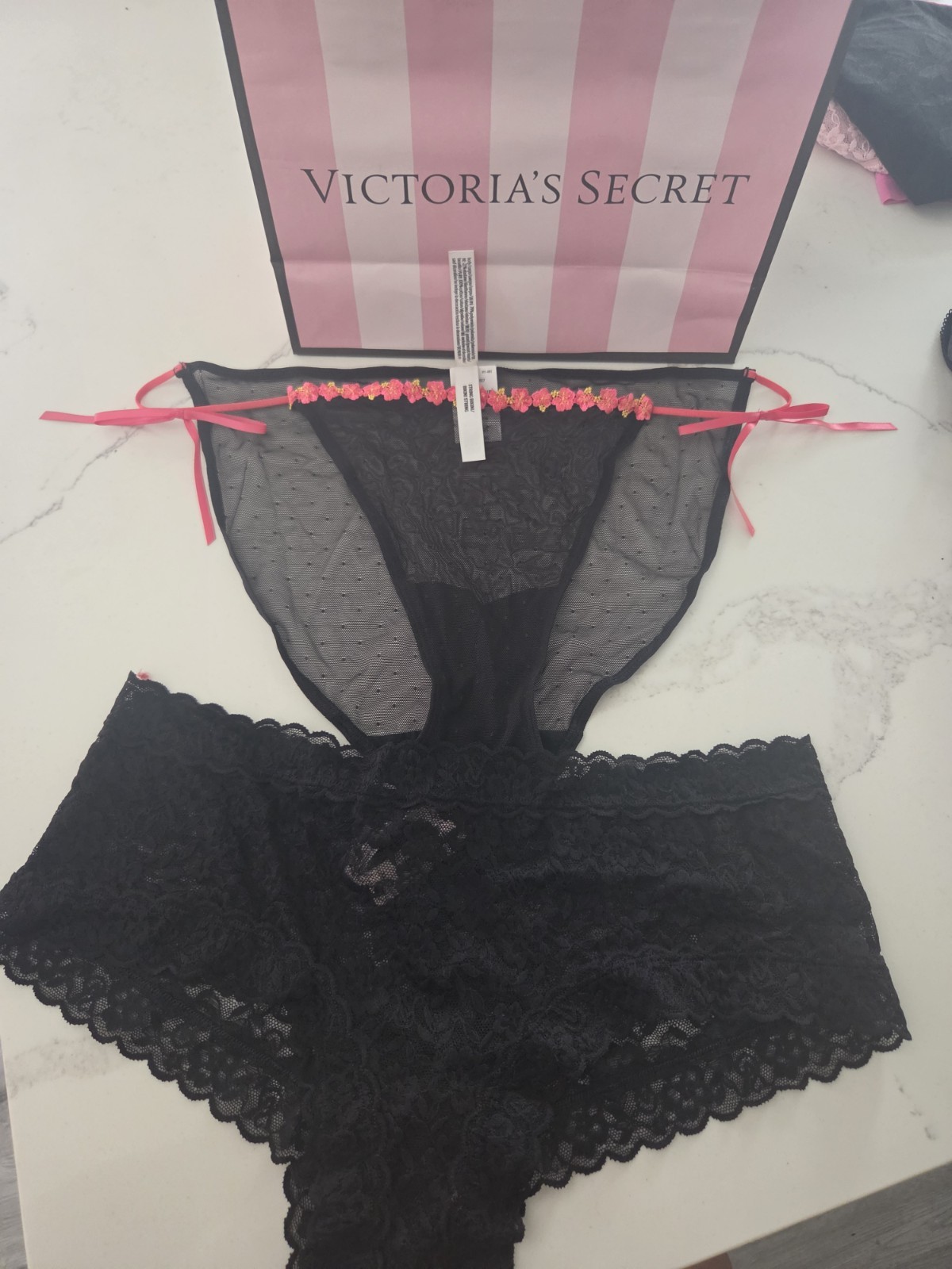 Victoria’s Secret Bikini Panties Lace Mesh Sheer Bow Black Pink 2 Pack Xl