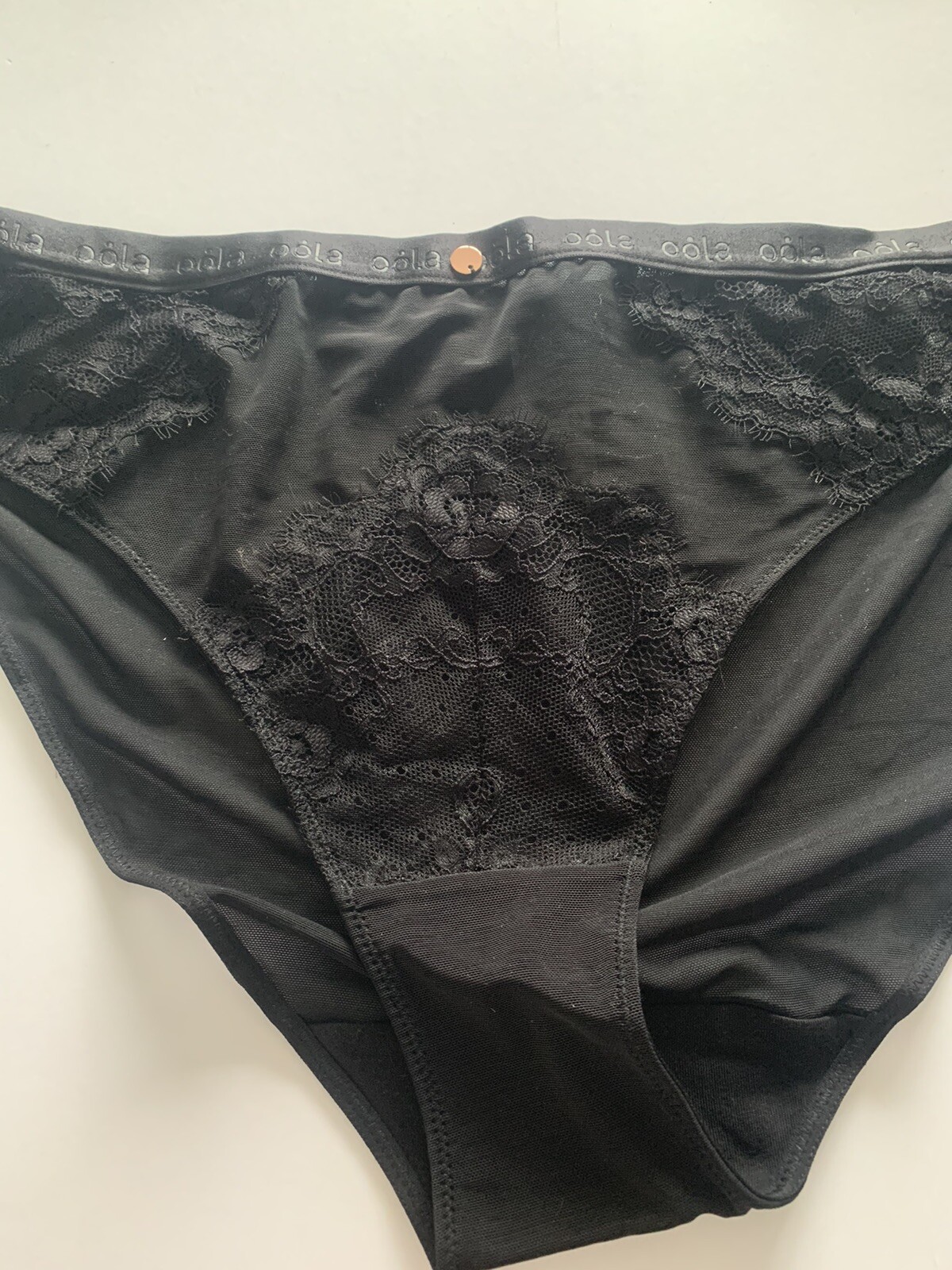 Oola Lace & Logo Bikini Brief 18-20 Black Mesh Rose Gold Hardware RRP £22 BNWT