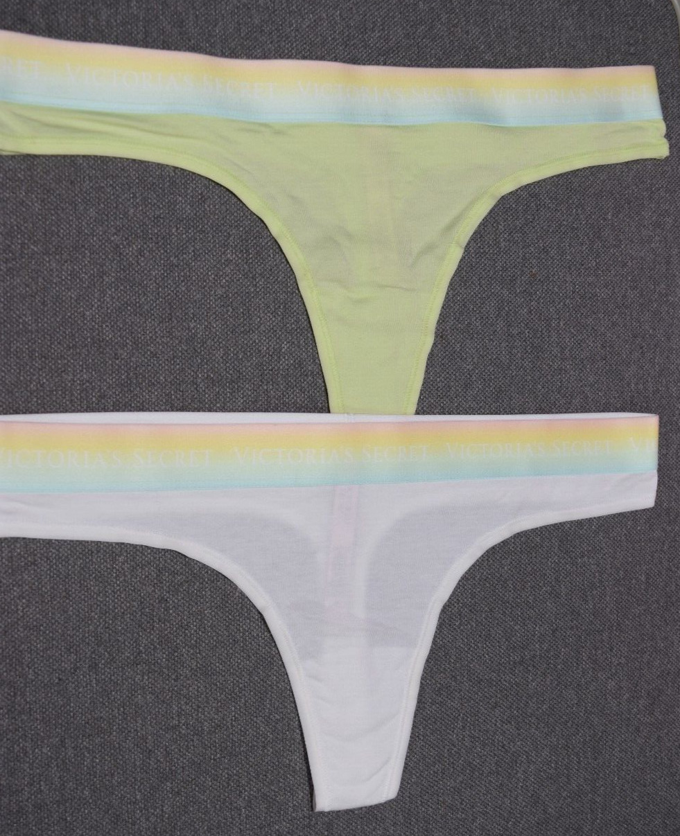 2 New Victoria’s Secret White Green Logo Thong Panty Lot L Multicolor Waistband