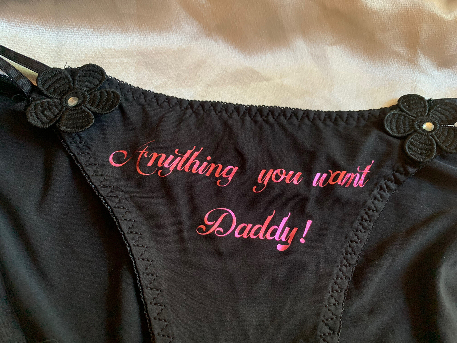 black string bikini panties crystal flowers Daddy brat submissive kink sz M