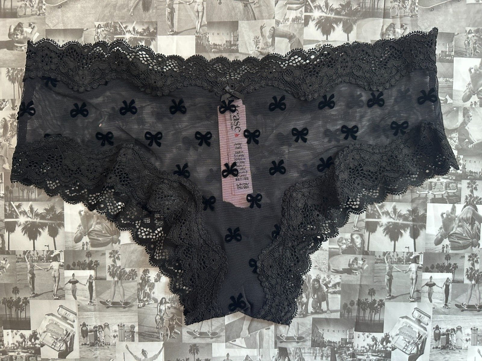 NWT Sexy Victoria’s Secret Tease Mesh Lace-Trim Cheeky Panty Black Bows SMALL S