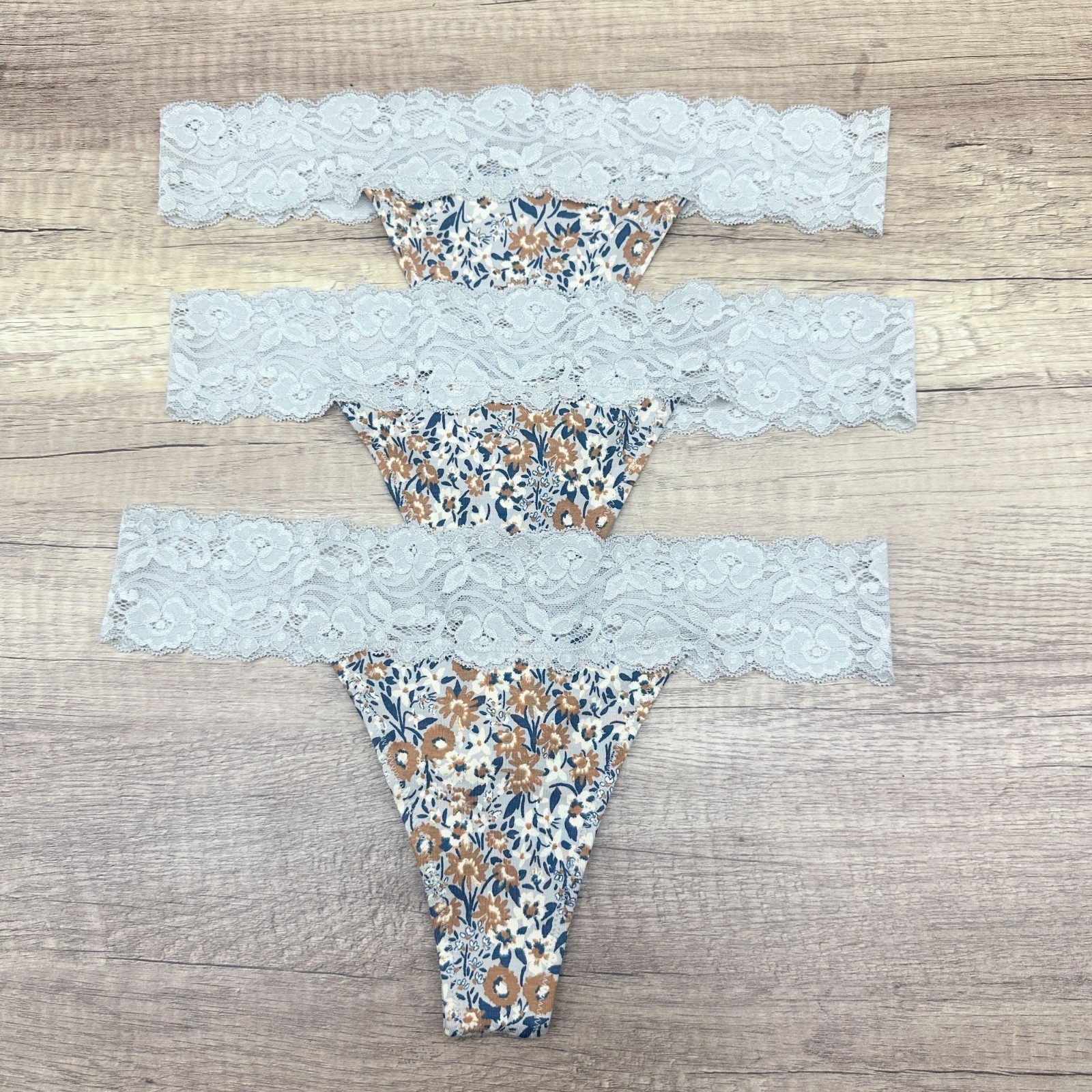 Pact Women’s Lace Waist Thong Panties 3 Pack Floral Print Organic Cotton Size M
