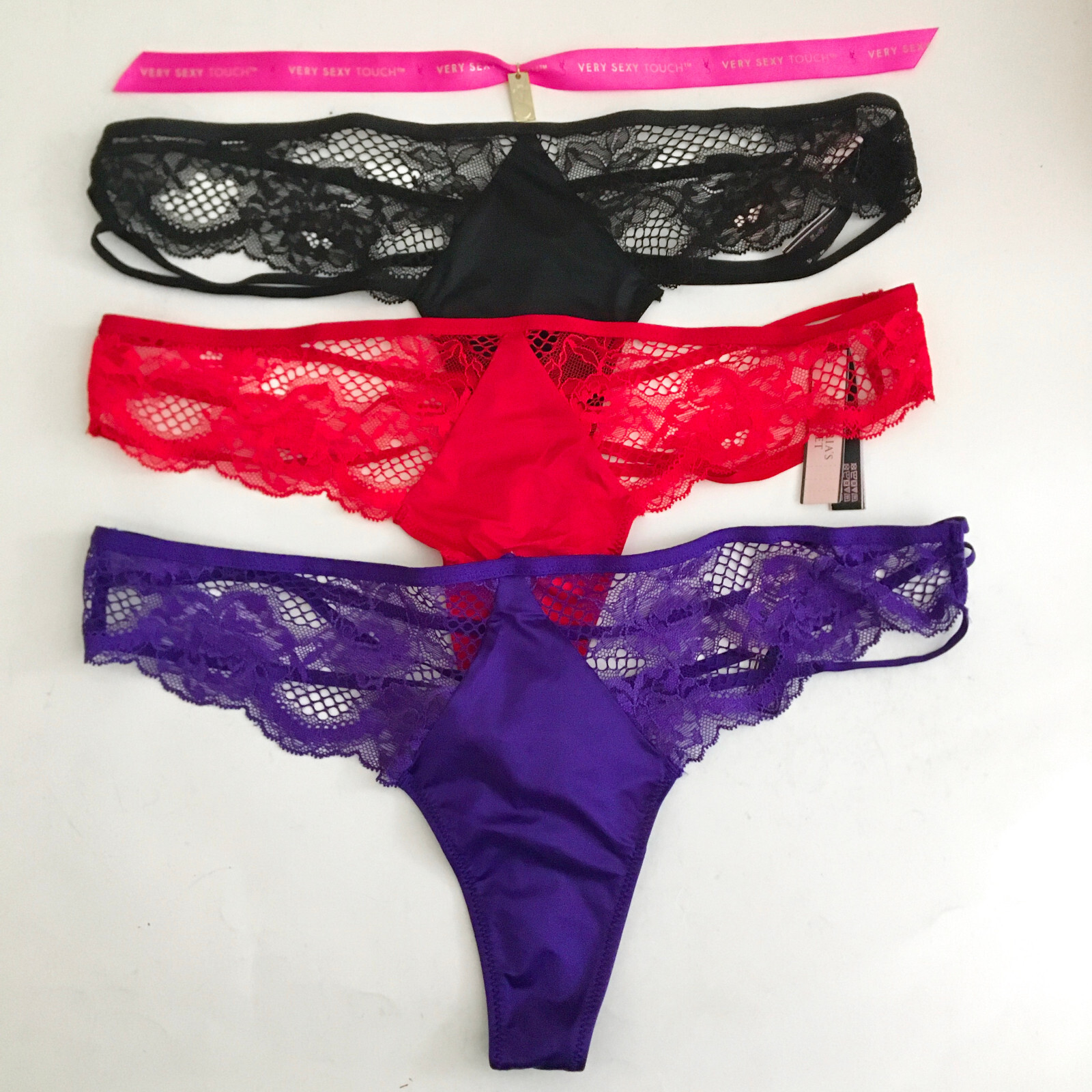 Victorias Secret SEXY RARE Thong Panty Panties Strappy Banded Cut Out Fishne NWT