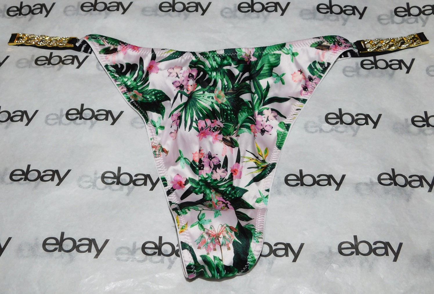 NEW Victoria’s Secret Very Sexy Thong Panty Large Crystal Chain Floral Satin VS