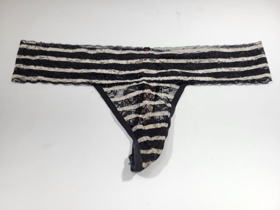 PINK Thong Womens Small Black Lace Sheer Stretch Logo Waist Striped Panties