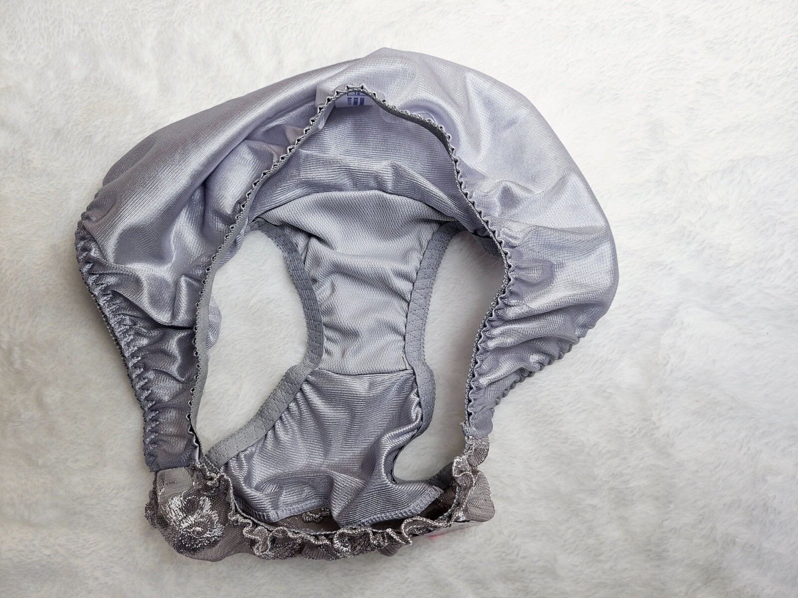 US Size S/M Japanese Nylon Panties Shiny Smooth Tricot Floral Lace Gray