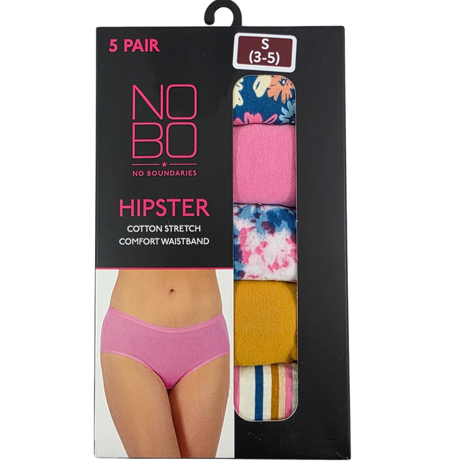 No Boundaries 5-Pack Cotton Stretch Comfort Waistband Hipster Panties – Small