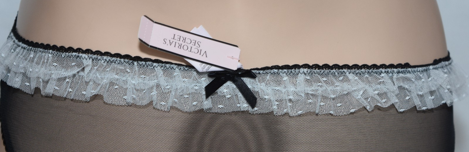 NWT Black Sheer Mesh Bikini Panty with White ruffle in Back M Medium