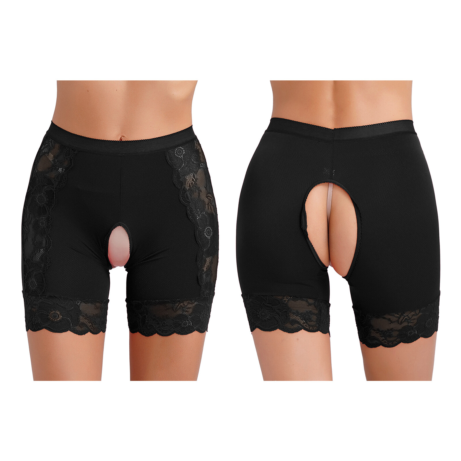 US Womens Seamless Lace Panties Shorts High Waist Crotchless Underwear Nightwear