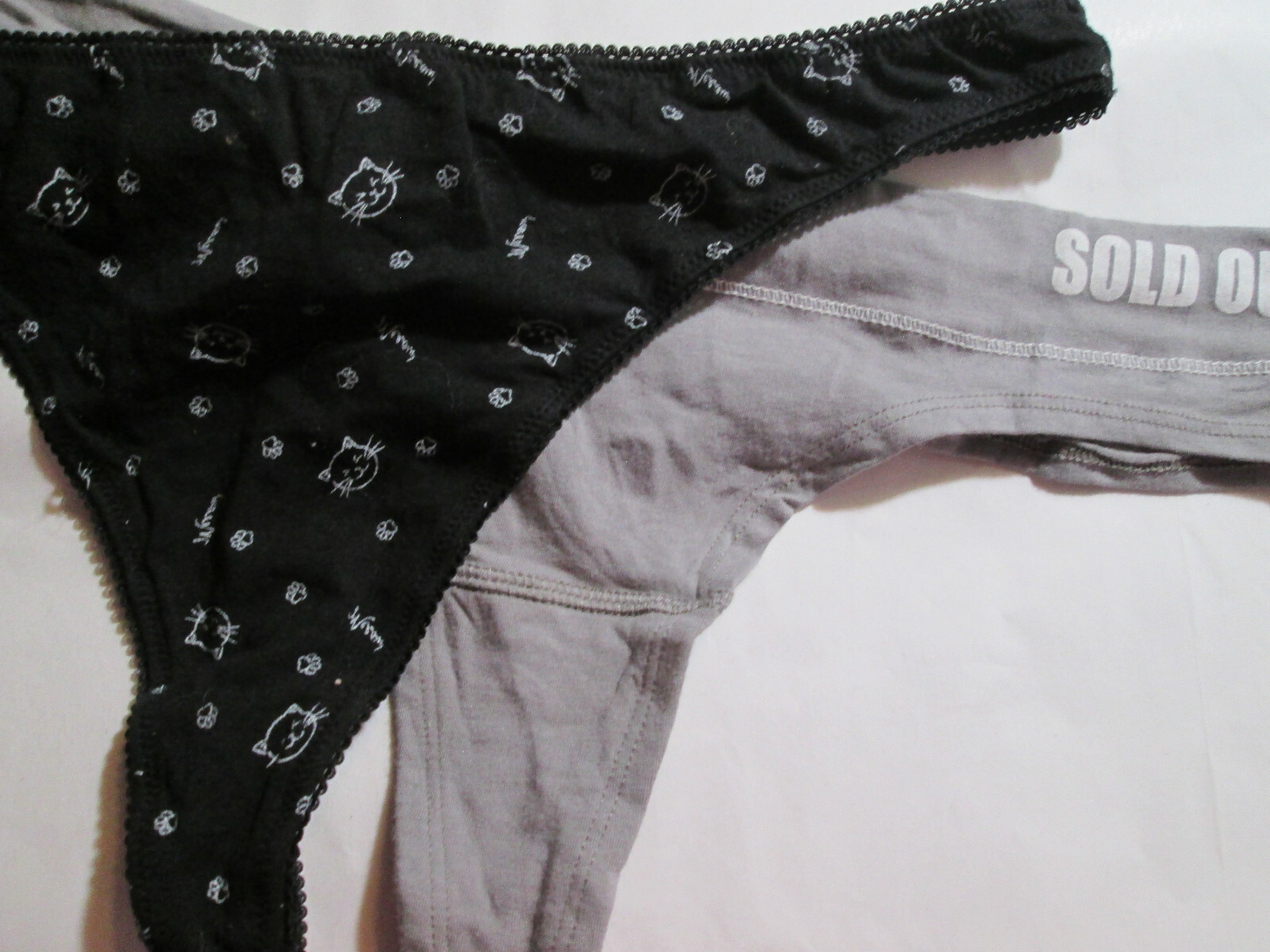 New 2 Cotton Thongs Size XL You get 1 ea Black Kitty Cat Face & Gray ‘Sold Out’