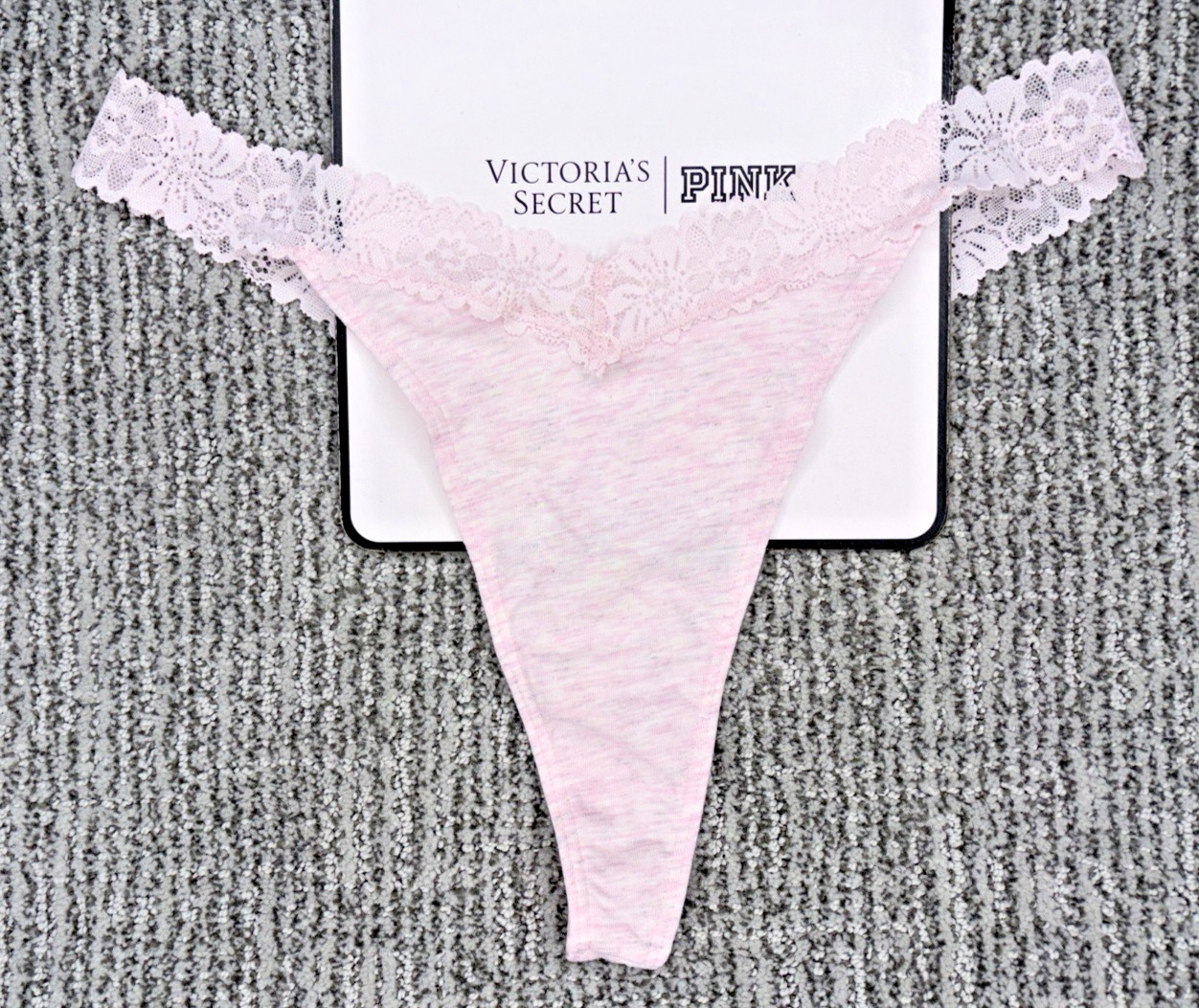 Victoria’s Secret PINK NWT Medium Pink Shimmer Lace Trim Thong Panty Sexy Cute