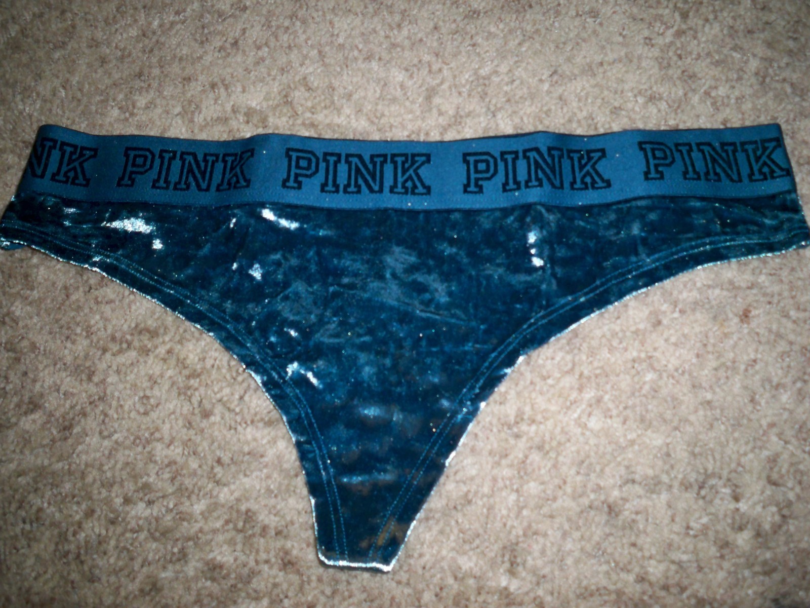VICTORIAS SECRET THONG VELVET TEAL BLUE LARGE NEW