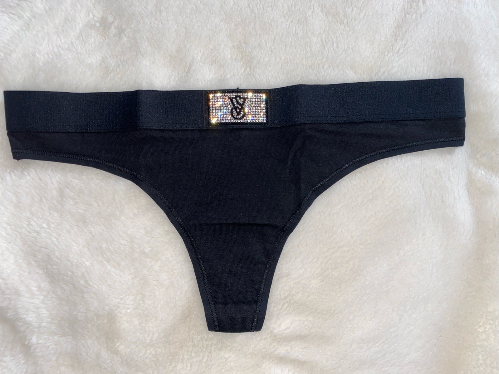 Victoria’s Secret Panties Thong Panty Black Shine Patch Bling Logo Cotton Small
