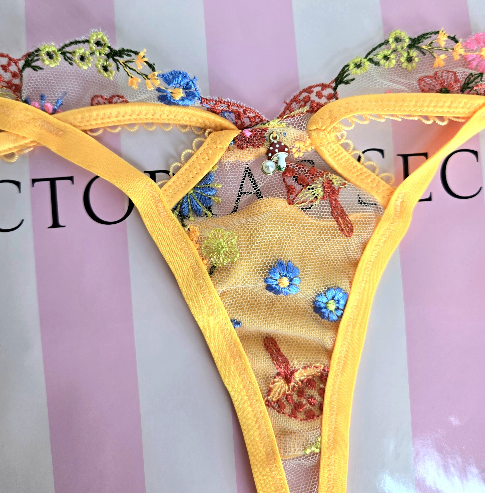 New XS For Love & Lemons Meadow Mushroom Embroidered Thong Orange Strappy Panty