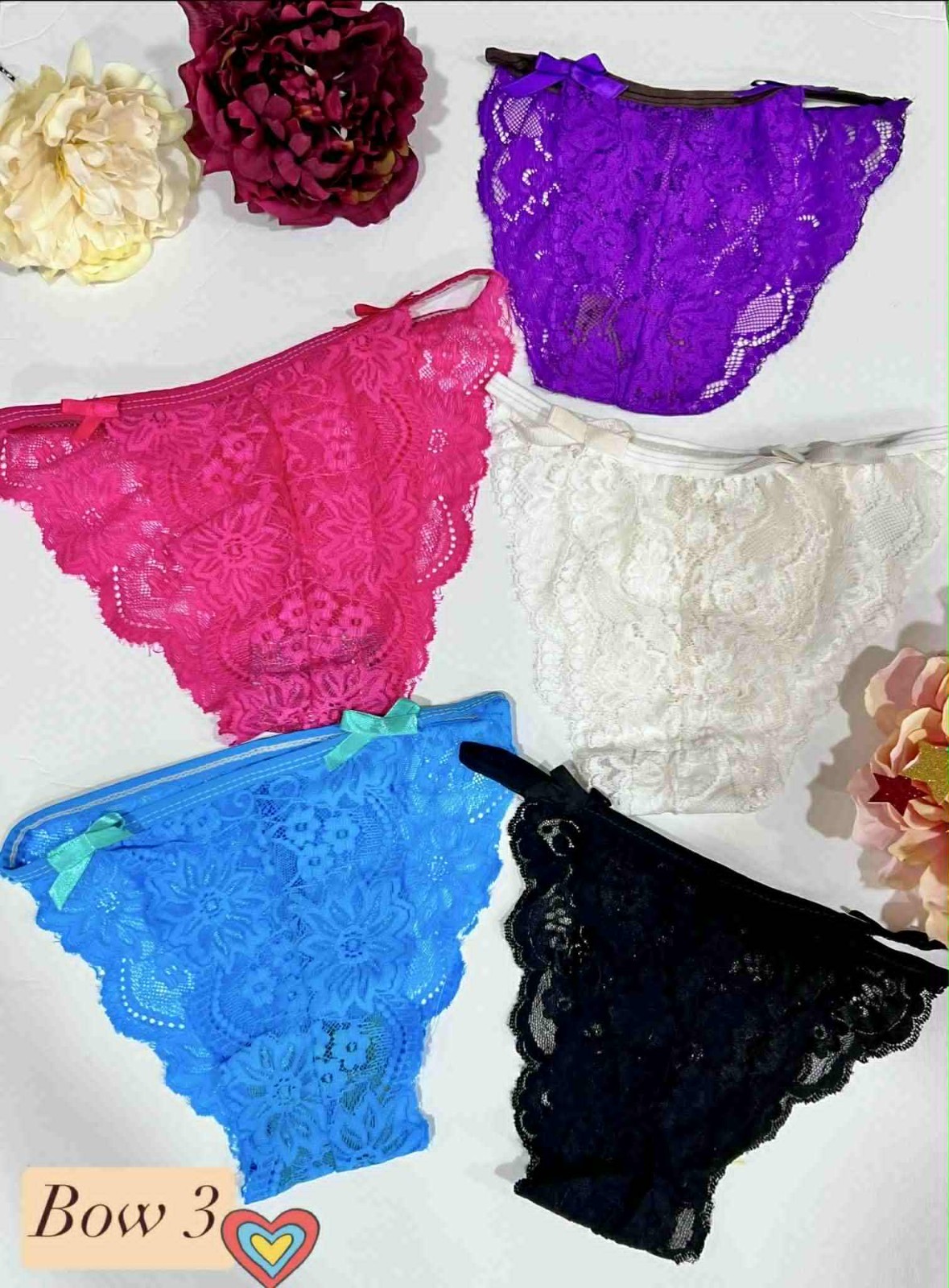 Pack of 5 Bow Decor Floral Lace Underwear for Women Stretching Colorful