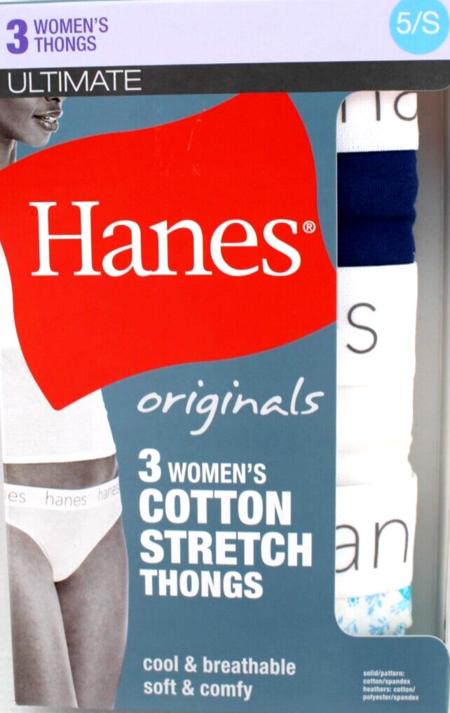 New HANES Ultimate Size 5 / S 3-pack Multi Colors 95% Cotton Women Thong Panties