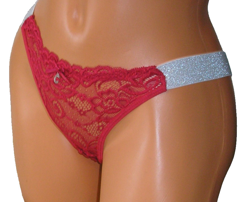 Panties Lingerie Shimmer Straps Rhinestone Accent Red Lace Thong, Small