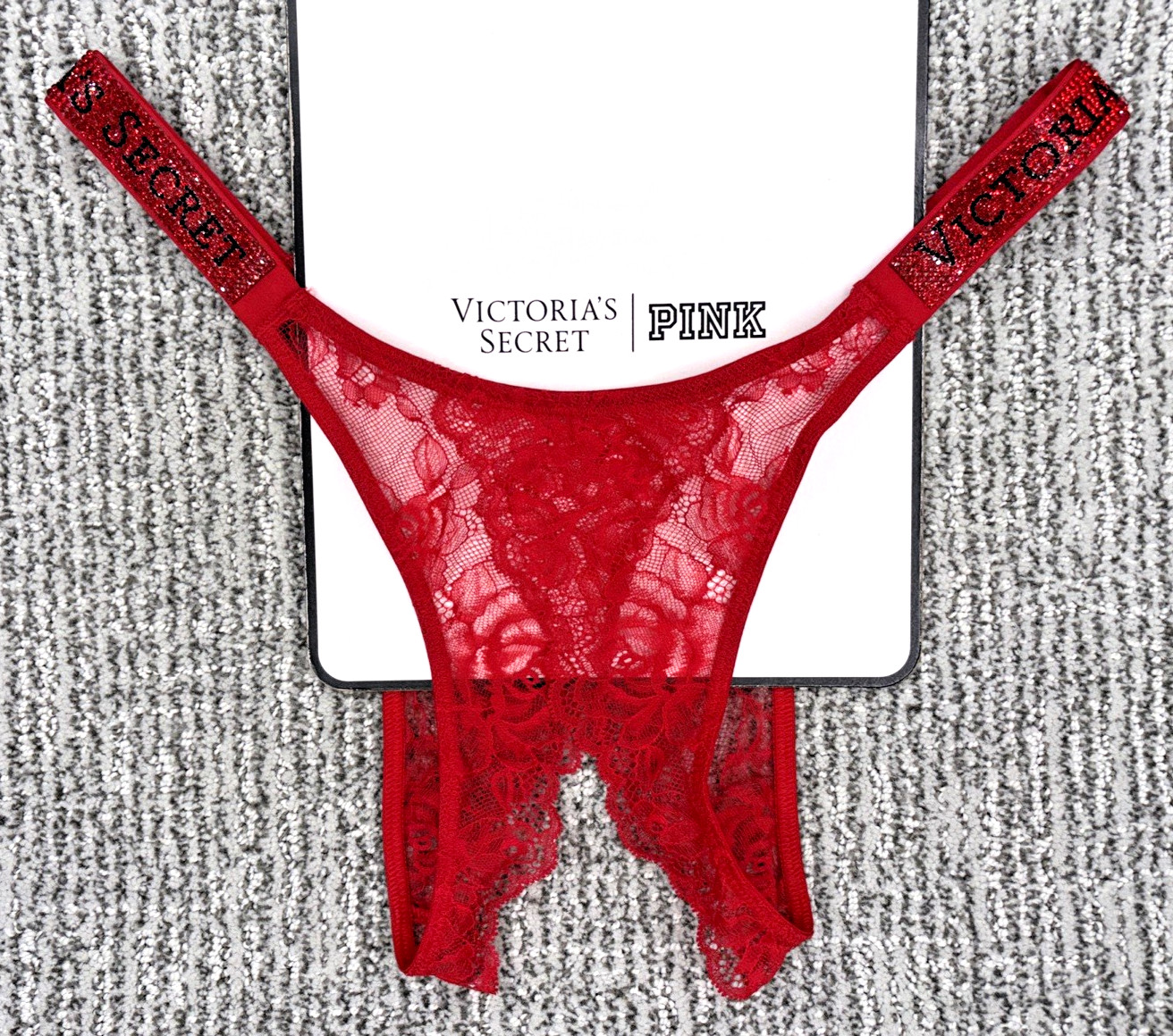 Victorias Secret VerySexy NWT Medium Red Lace Crotchles Brazilian Panty Spellout