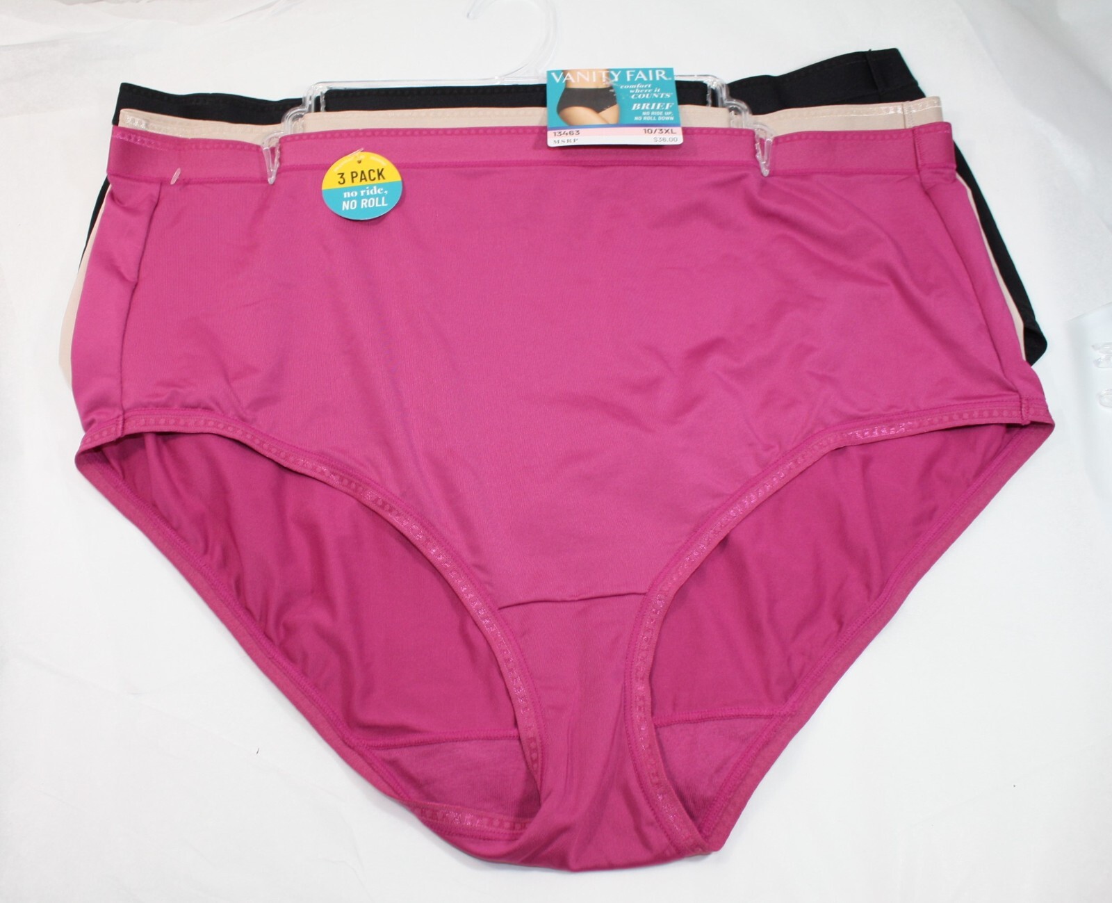 NWT set of 3 VANITY FAIR no ride up no roll BRIEFS 13463 PINK BEIGE BLACK 10/3XL