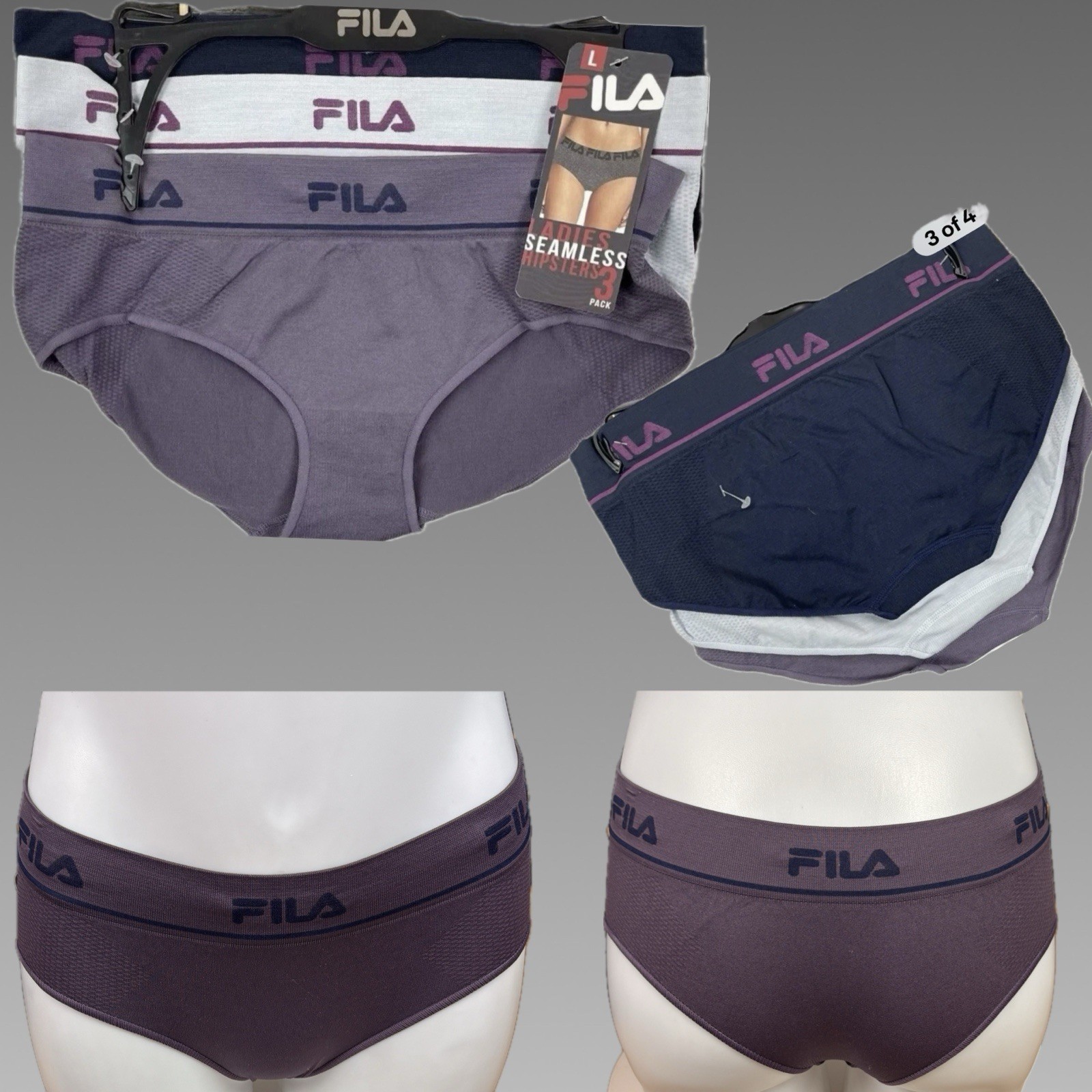 Fila L Purple-Navy-Gray Striped Name Logo Waistband Seamless Hipster Panties 3Pk