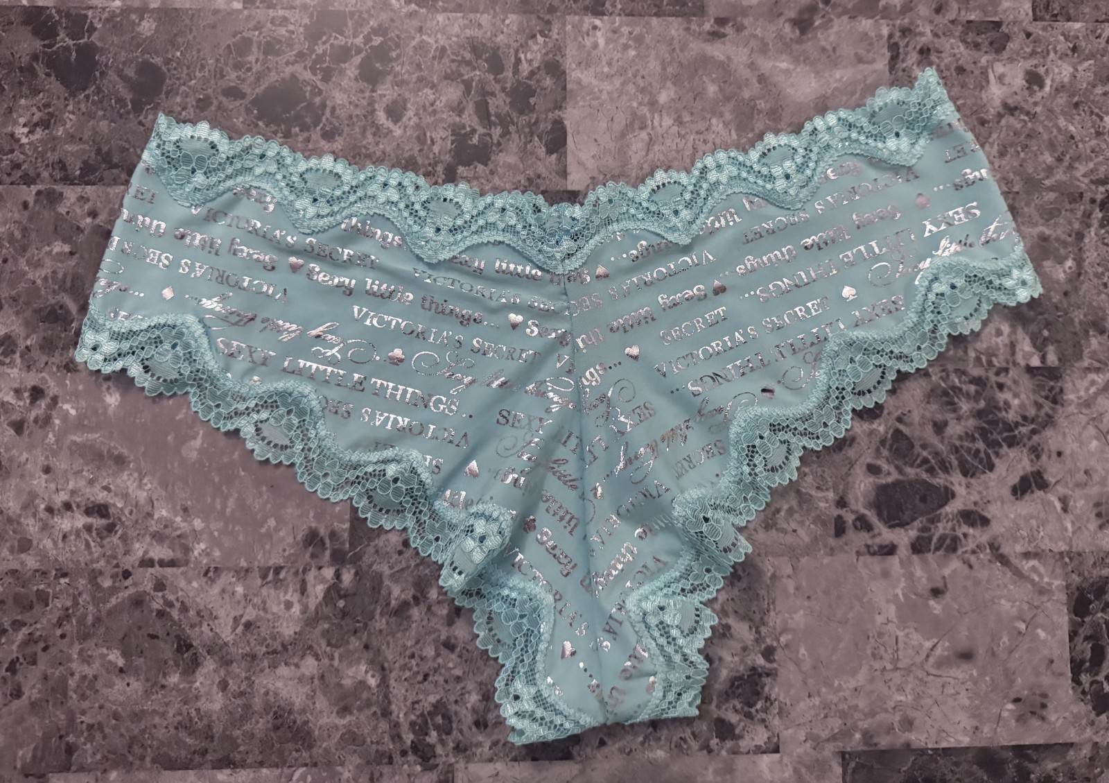 NWT VICTORIA’S SECRET SEXY LITTLE THINGS L SILVER AQUA LACE RARE CHEEKY PANTIES