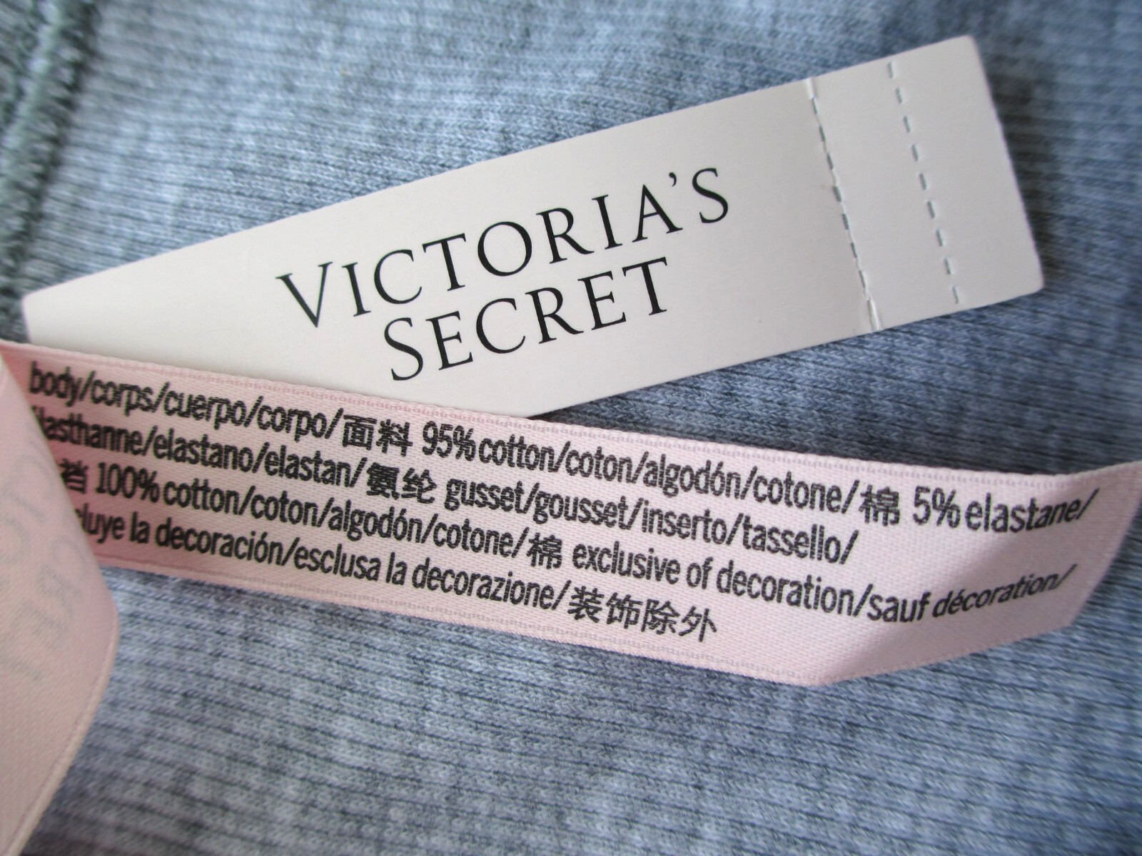 VICTORIA’S SECRET Cotton Rib Bikini Panty VS Heather Gray L XL White Ribbon NWT